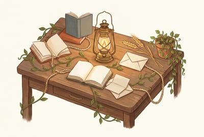 An illustration of open books and folded letters tied together with woven thread and vines beside a brass lantern and wheat, representing content marketing and link building