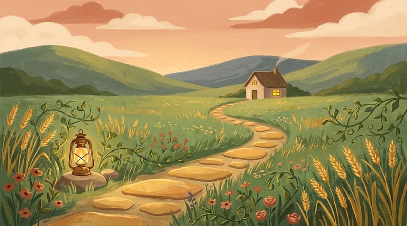 A winding golden stepping-stone path through a green meadow toward a cottage with glowing windows, with a lantern, wheat and wildflowers — an illustration of a journey into a craft