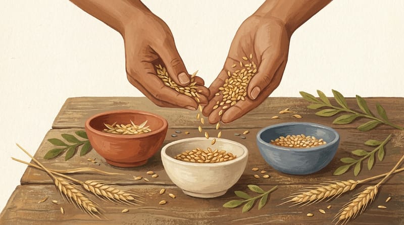 Hands sorting wheat grains into three bowls, representing sorting demand, the gap, and your real work