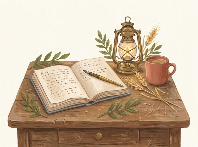 An open journal, pen, brass lantern and wheat on a desk